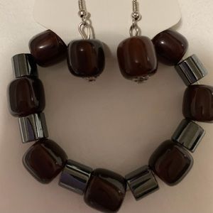Bracelet & Earrings Set Hematite/Amber/Silver NEW